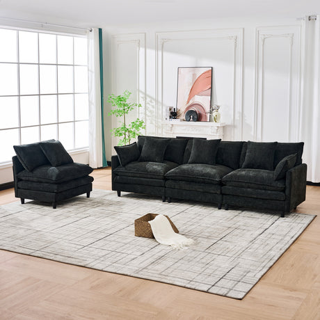140.9-inch U-shaped modular sectional sofa, suitable for living room or bedroom. It comes with 2 movable ottomans, 4 cushions and 2 throw pillows. Made of soft cashmere fabric, in black - sold by Home Elegance USA