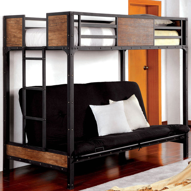 Industrial Style Unique Bunk Bed Twin Over Futon Metal Structure Attached Ladder With Wood Panels Nailhead Trim Black Finish Mattress-Not Included - sold by Home Elegance USA