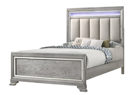 Modern Queen Size Panel Bed Nightstand 3pc Set Integrated Led Lighting Tufted Headboard Wood Grain Soft Gray Finish Wooden Solid Wood Furniture - sold by Home Elegance USA