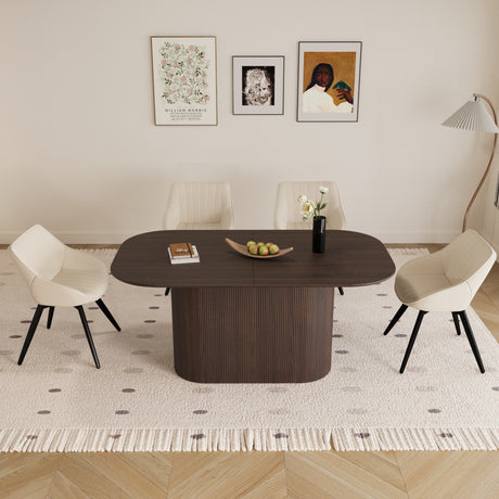 63' medieval modern brown style MDF dining table and 4 sets of black metal leg PU decorative chairs. Assemble desktop and artificial leather dining chair set, suitable for home& kitchen