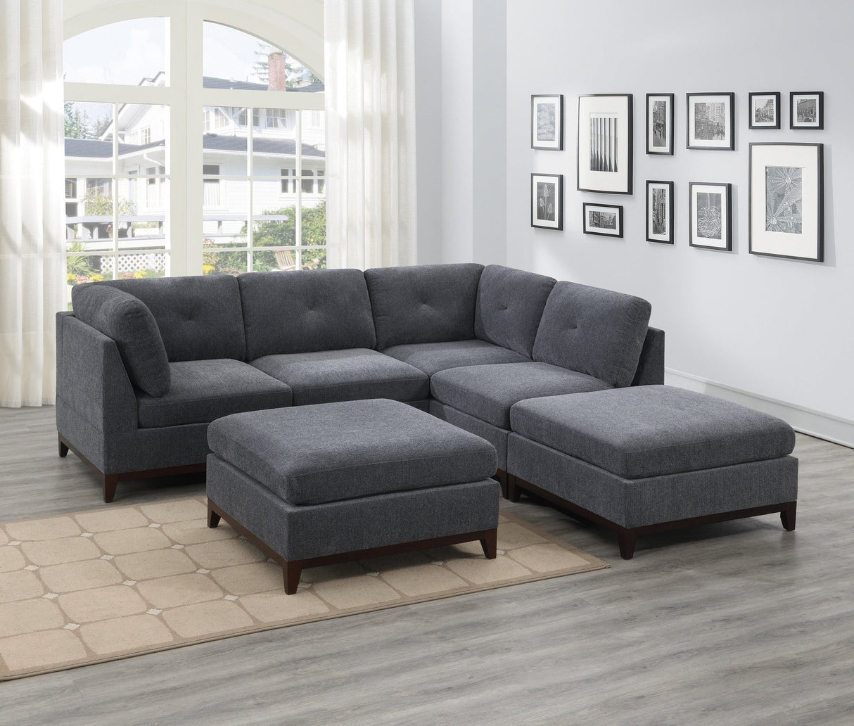 Ash Grey Chenille Fabric Modular Sectional 6pc Set Living Room Furniture Corner L - Sectional Couch 2x Corner Wedge 2x Armless Chairs and 2x Ottomans Tufted Back Exposed Wooden Base | Home Elegance USA