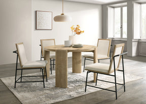 Bowen Oak Finish 47' Round Dining Table Set with Cream Color Upholstered Chairs - sold by Home Elegance USA