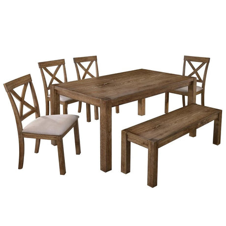 Transitional 6 Pieces Driftwood Dining Set, Antique Oak Wood Finish Dining Table Bench and 4 side Chairs with Open X-Back, Cushion, Natural Oak - sold by Home Elegance USA