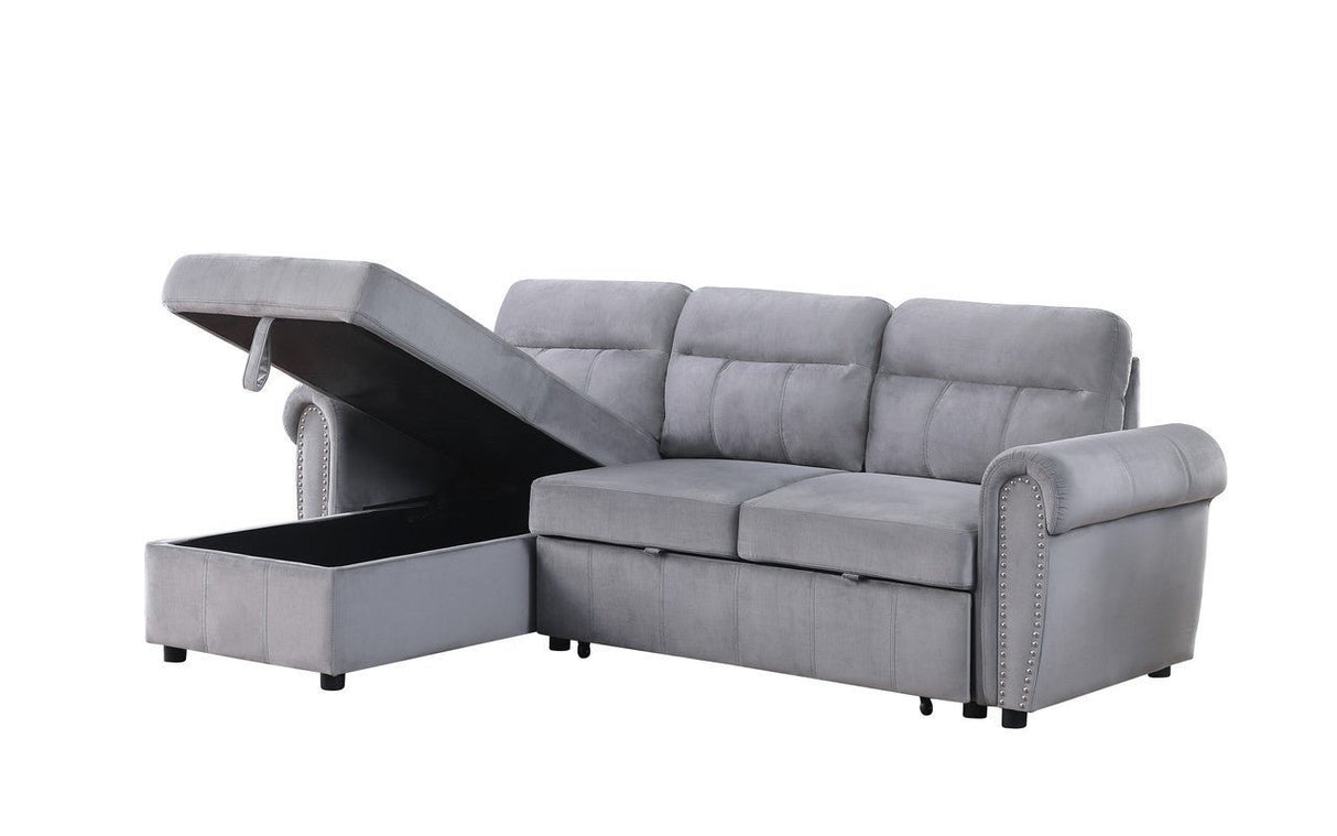 Ashton Gray Velvet Fabric Reversible Sleeper Sectional Sofa Chaise | Home Elegance USA