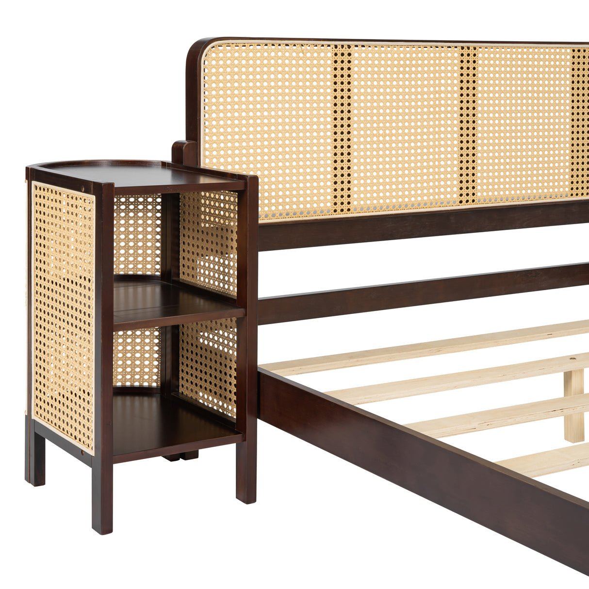 3 Pieces Rattan Platform Full Size Bed With 2 Nightstands,Walnut - Home Elegance USA