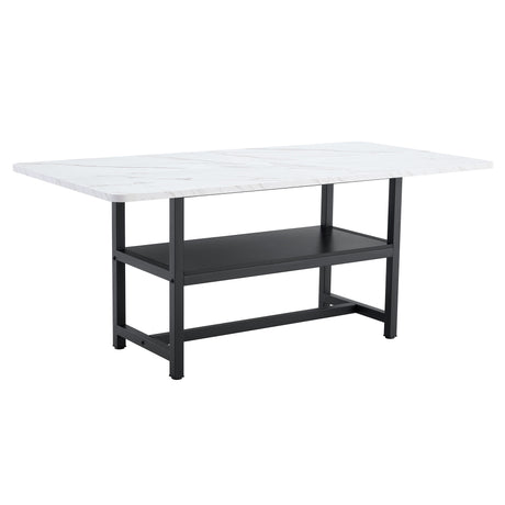 Table and chair set.71*35.4 inch White Grain Spliced Dining Table With Storage Function In The Middle Of The Table Legs.Paired with 8 Black Linen-Cotton Material High Resilience Dining Chair. - sold by Home Elegance USA