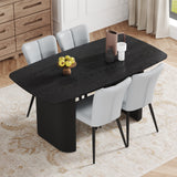Table and chair set.67*35.4 inch black wood grain MDF dining table:a simple and luxurious choice.Paired with 4 Light Gray PU chairs with a vertical stripe design on the backrest and black metal legs.