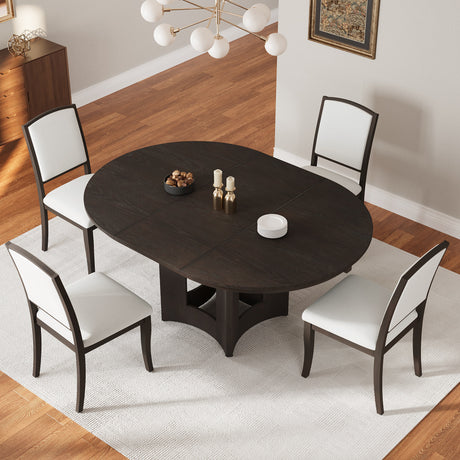 TOPMAX Farmhouse Extendable Round Dining Table Set for 4, 5-Piece Kitchen Table Set with 4 Upholstered Chairs and 16inch Removable Leaf for Small Places, Espresso+Beige - sold by Home Elegance USA