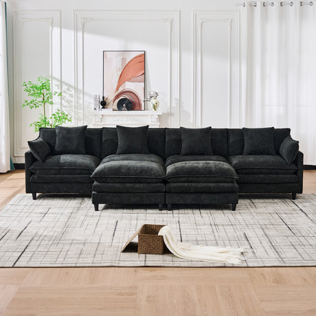 140.9-inch U-shaped modular sectional sofa, suitable for living room or bedroom. It comes with 2 movable ottomans, 4 cushions and 2 throw pillows. Made of soft cashmere fabric, in black - sold by Home Elegance USA