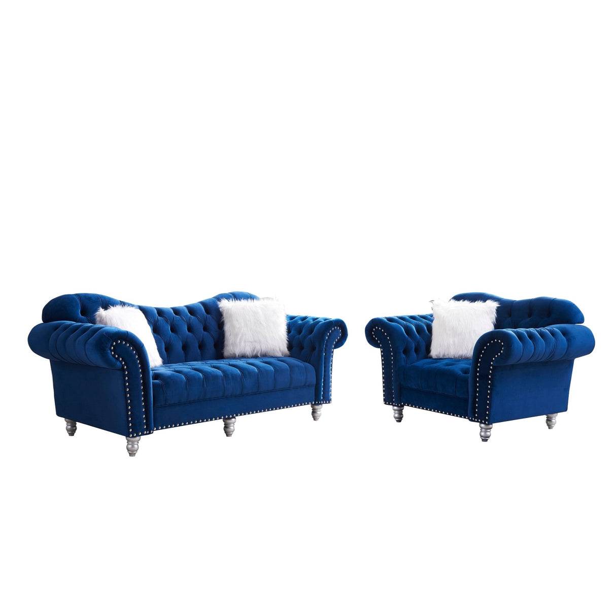 3 Piece Living Room Sofa Set, including 3 - Seater Sofa, Loveseat and Sofa Chair, with Button and Copper Nail on Arms and Back, Five White Villose Pillow, Blue. | Home Elegance USA