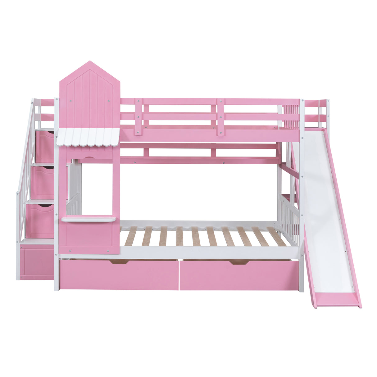 Full-Over-Full Castle Style Bunk Bed with 2 Drawers 3 Shelves and Slide - Pink - Home Elegance USA