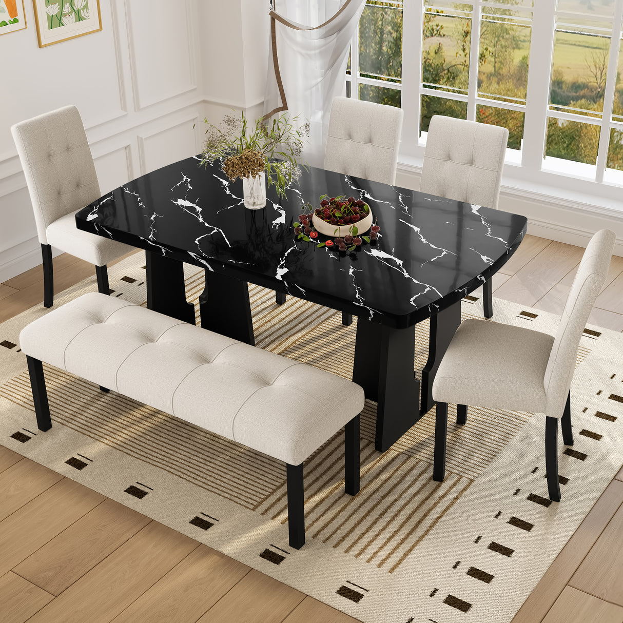 Juego de mesa de comedor moderna de 6 piezas, mesa de comedor de imitación mármol de 16 m con patas geométricas, 4 sillas tapizadas y 1 banco, ideal para comedor o cocina, fácil de montar, beige y negro.