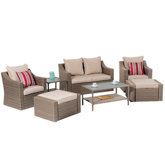 7-Pieces Wicker Patio Conversation Set with Beige Cushions