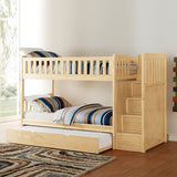 Twin Over Twin Bunk Bed with Trundle Reversible Storage Step Drawers Natural Pine Finish Guard Rails Wooden Bedroom Furniture 1pc
