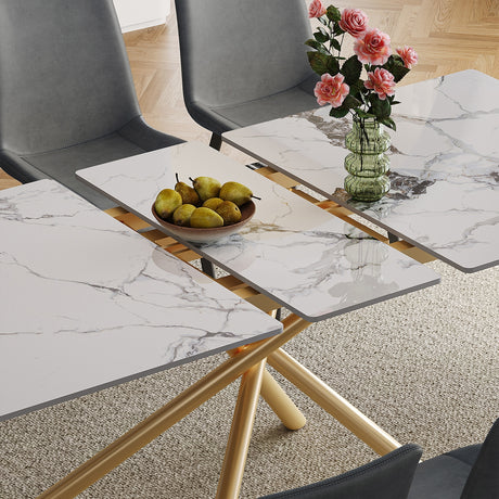 Modern 59-inch Expandable Dining Table with Retractable Leaf, Charred Stone Top & Golden Carbon Steel X-Base, 4-8 Person Set with 8 Gray PU Chairs for Small Apartments, Kitchen - sold by Home Elegance USA