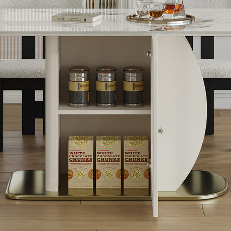 63' Modern 4-6 Person Dining Table with Storage Cabinets, Charred Stone Top & Golden Solid Wood Base, Includes 4 White Velvet Chairs for Kitchen and Apartment - sold by Home Elegance USA