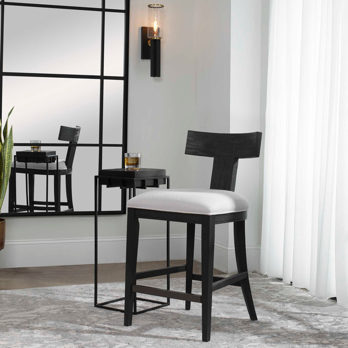 Idris Modern Wood Counter Stool Black & White - Black / White by Uttermost - View 3
