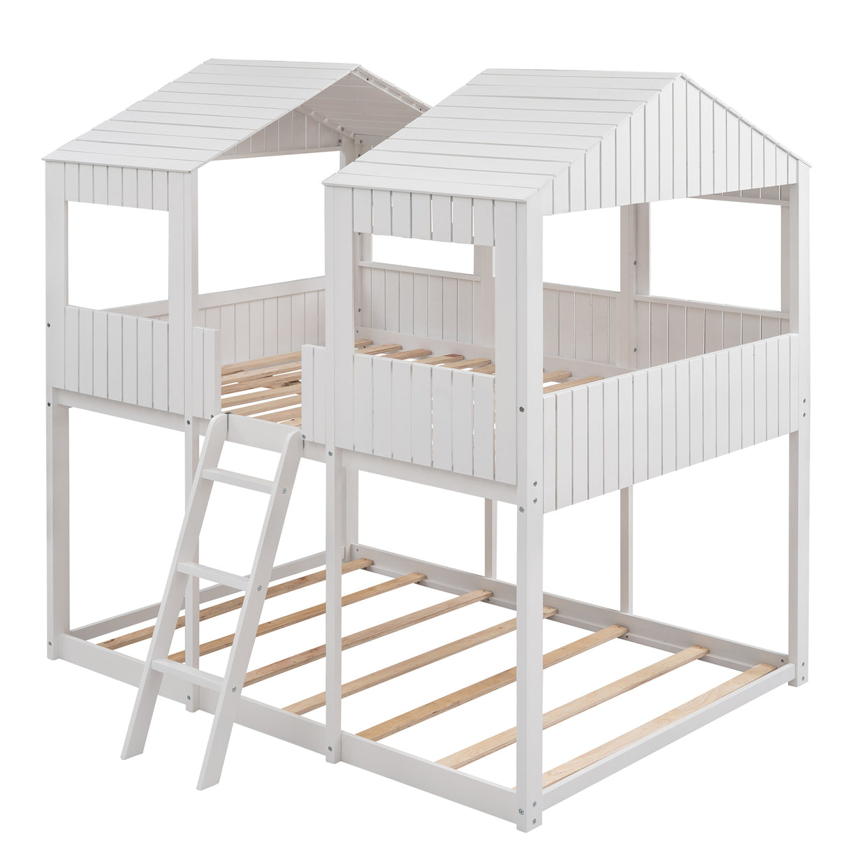 Full Over Full WoodBunk Bed with Roof, Window, Guardrail, Ladder(White)( old sku: LT000031AAK ) - Home Elegance USA