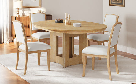 TOPMAX Farmhouse Extendable Round Dining Table Set for 4, 5-Piece Kitchen Table Set with 4 Upholstered Chairs and 16inch Removable Leaf for Small Places, Natural+Beige - sold by Home Elegance USA