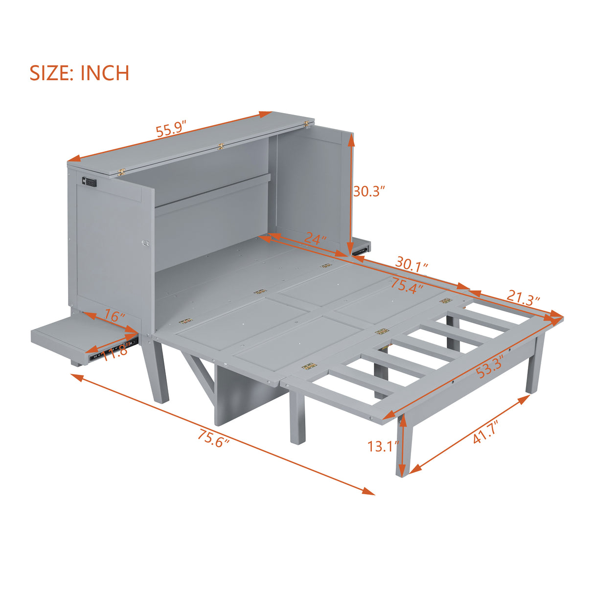 Full Size Murphy Bed with USB Port and removable Shelves on Each Side,Gray - Home Elegance USA