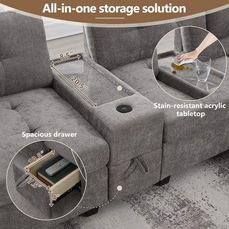 Modern Chenille U-Shaped Sectional Sofa with Acrylic Table Top, USB Charger, Storage Drawers, and Movable Ottoman in Gray - sold by Home Elegance USA
