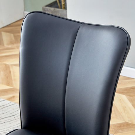 Table and chair set. 64.5 x 35.4 Inch Stylish Black Wood Color Textured Dining Table.Paired with 4 Black PU chairs with a vertical stripe design on the backrest and black metal legs. - sold by Home Elegance USA