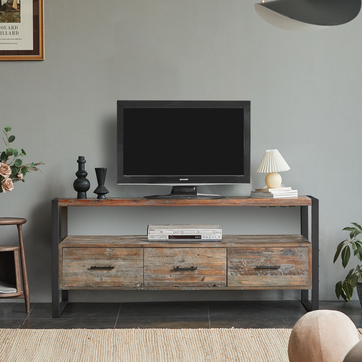 60 inch Reclaimed wood Media TV Console table with 3 Drarwer, Open Shelf, Antique finish Home Elegance USA