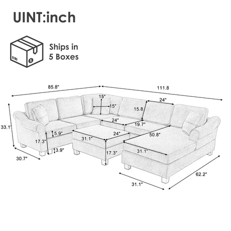 U-shaped Sectional Sofa Chenille Upholstered with Movable Storage Ottoman, Dark Gray, 111.8' - sold by Home Elegance USA