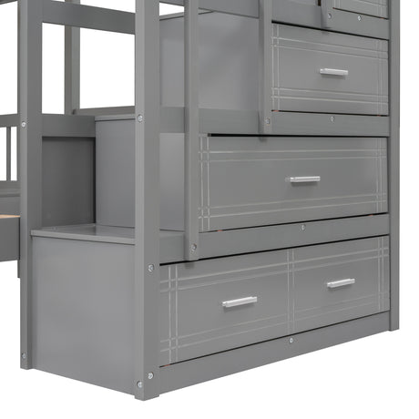 Full Over Twin & Twin Bunk Bed, Wood Triple Bunk Bed with Drawers and Guardrails (Gray) - sold by Home Elegance USA