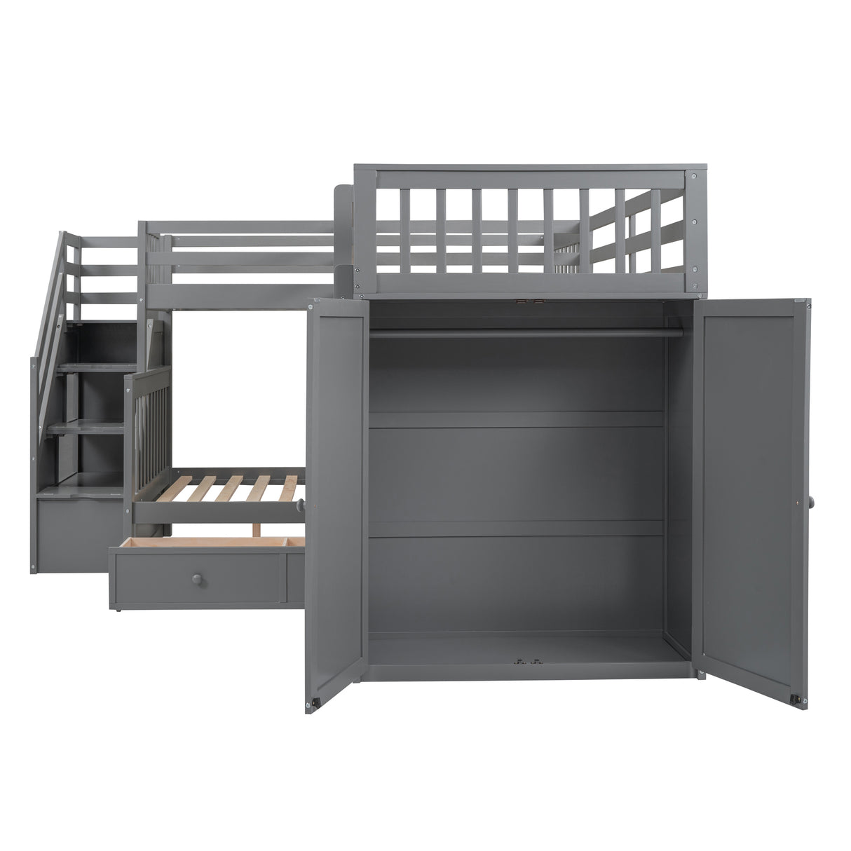 Twin-Twin over Full L-Shaped Bunk Bed With 3 Drawers, Portable Desk and Wardrobe, Gray(OLD SKU:LT100542AAE) - sold by Home Elegance USA
