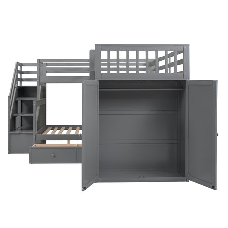 Twin-Twin over Full L-Shaped Bunk Bed With 3 Drawers, Portable Desk and Wardrobe, Gray(OLD SKU:LT100542AAE) - sold by Home Elegance USA