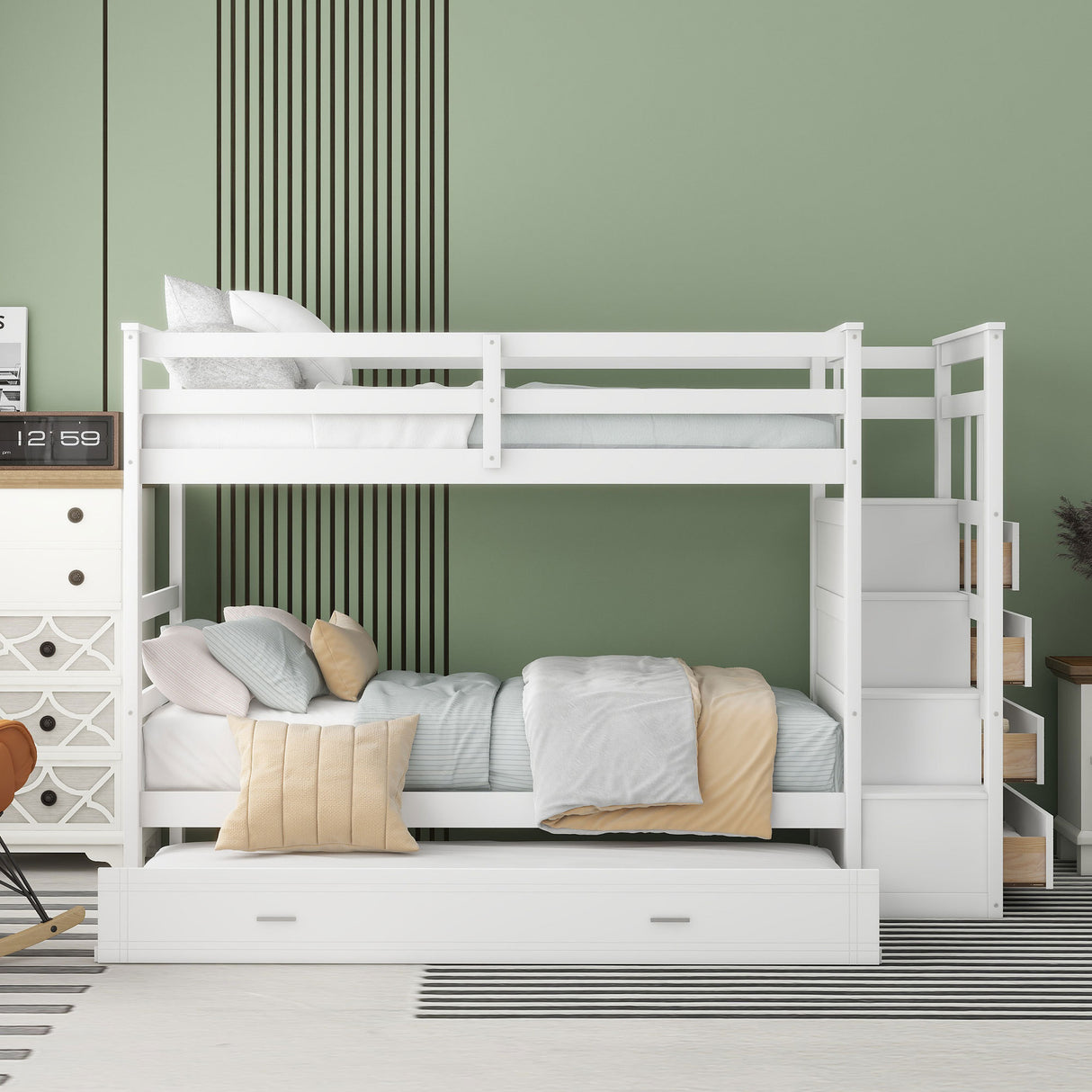 Twin Over Twin Bunk Bed with Trundle and Staircase,White(OLD SKU:LT000068AAK) - Home Elegance USA