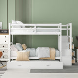 Twin Over Twin Bunk Bed with Trundle and Staircase,White(OLD SKU:LT000068AAK) - Home Elegance USA