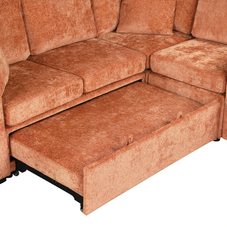 120.5' L-shaped Convertible Sofa Bed Modular Sectional Sofa Reversible Sleeper with Pull-Out Bed, Cup Holders, and Ample Storage Space for Living Room(Old SKU:N719S001940G), Orange - sold by Home Elegance USA