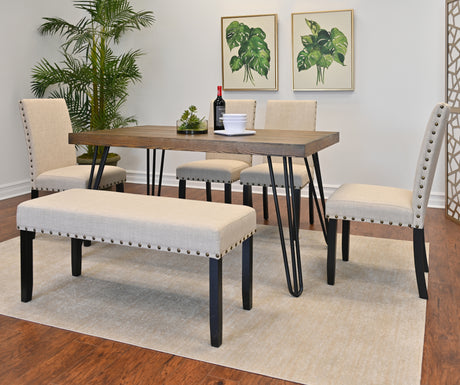 Amisos 6-Piece Dining Set, Hairpin Dining Table with 4 Chairs and Upholstery Bench, 3 Color Options - sold by Home Elegance USA