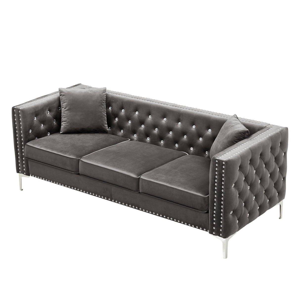 82.3" Width Modern Velvet Sofa Jeweled Buttons Tufted Square Arm Couch Grey,2 Pillows Included - W1117S00003 - image - 3