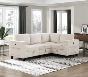 4-Piece Modular Sectional with Storage Seats, Side Pockets, Charging Ports Beige Corduroy Fabric Modern Living Room Sectional Couch Solid Wood Furniture - sold by Home Elegance USA