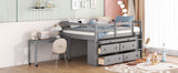 Full Size Loft Bed with Retractable Writing Desk and 4 Drawers, Wooden Loft Bed with Lateral Portable Desk and Shelves, Gray - Home Elegance USA