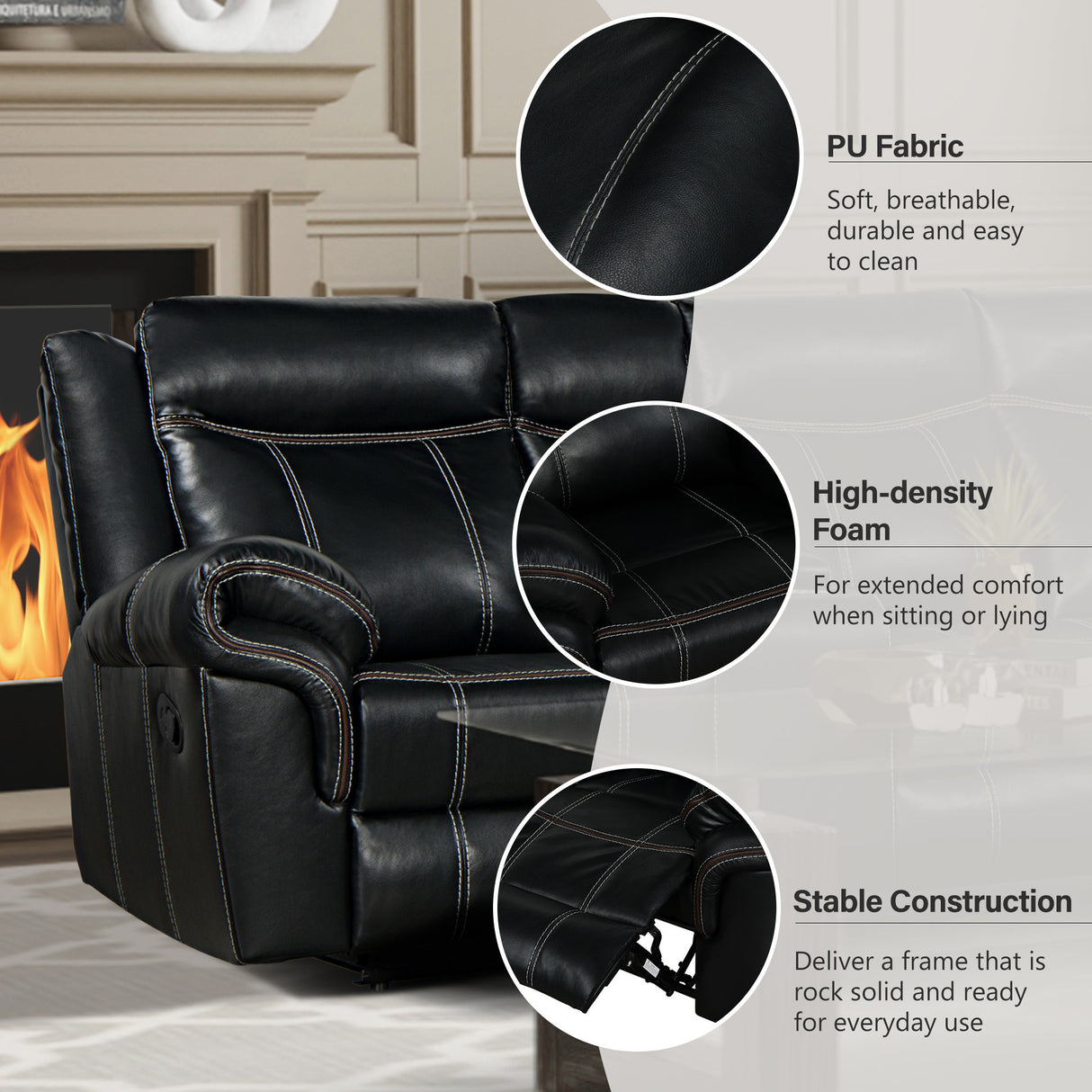 Home Theater Seating Manual Recliner with Cup Holder, Hide-Away Storage, 2 USB Ports and 2 Power Sockets for Living Room, Home Theater, Black - Home Elegance USA