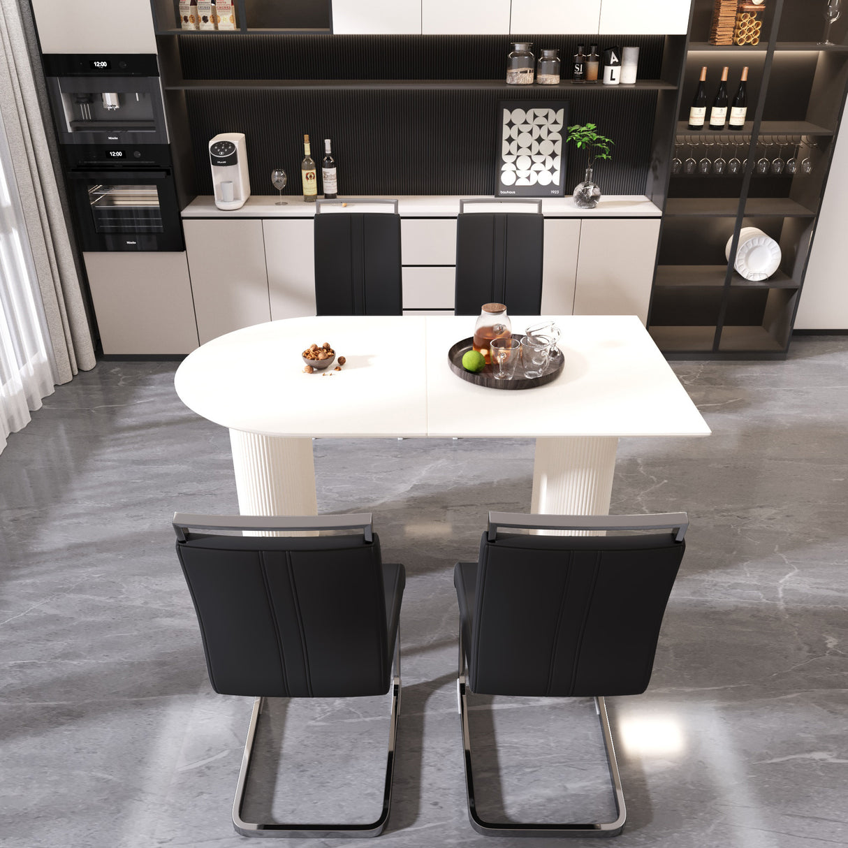 63 'medieval modern cream style MDF dining table and PU armless dining chair set 4. Assemble Desktop and Silver plated metal leg dining chair set, suitable for home&kitchen