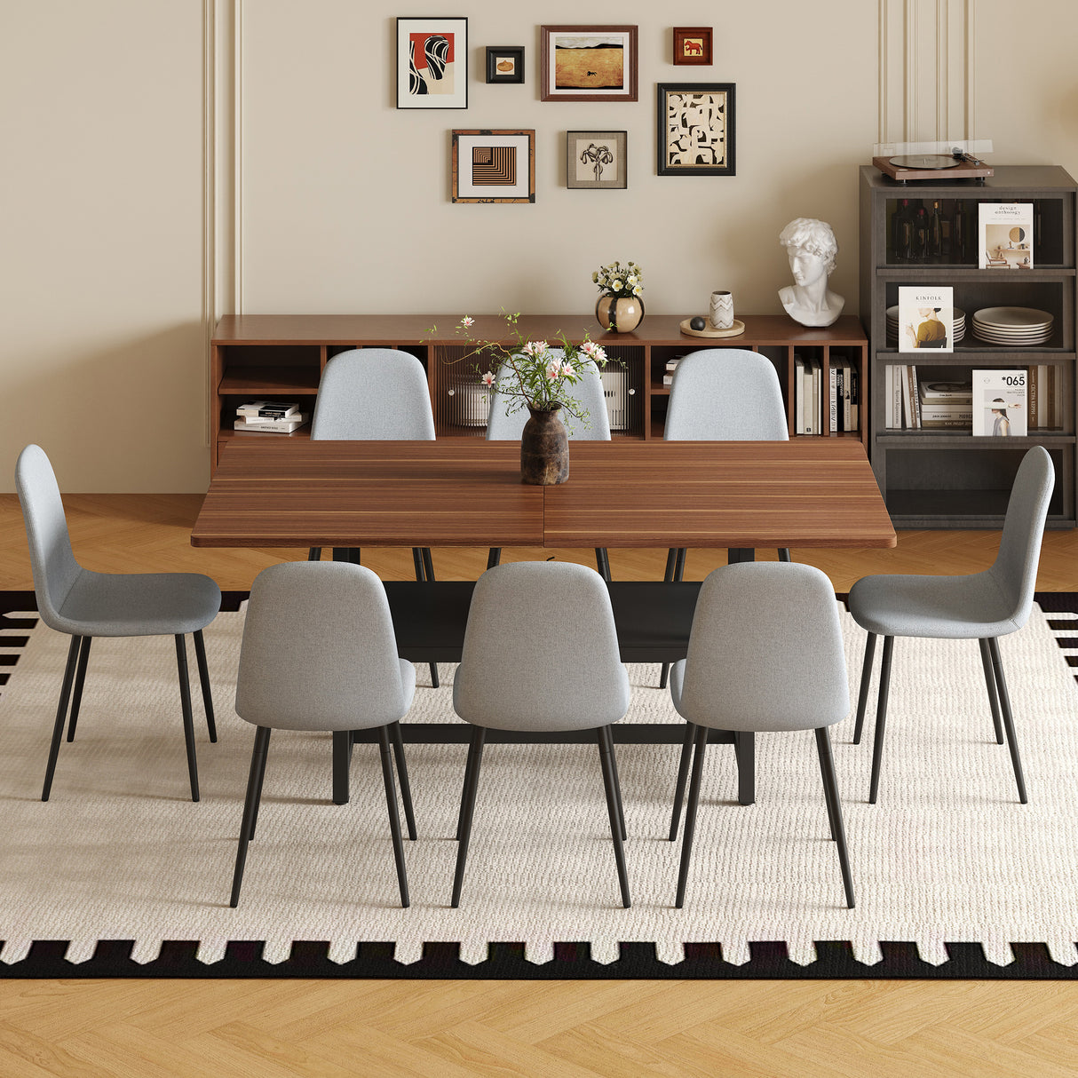 Juego de mesa y sillas. Mesa de comedor de grano de nogal de moda de 71 x 35,4 pulgadas, una opción práctica para agregar color al hogar. Combina con 8 sillas de comedor de material de lino y algodón gris claro de alta resiliencia.