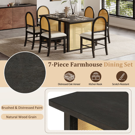 TREXM 7-Piece Farmhouse Dining Table Set for 6 - 59.8' Rectangular Dining Table with Distressed Oak Veneer and 6 Rattan Chairs, Rustic Kitchen Furniture for Dining Room(Espresso) - sold by Home Elegance USA