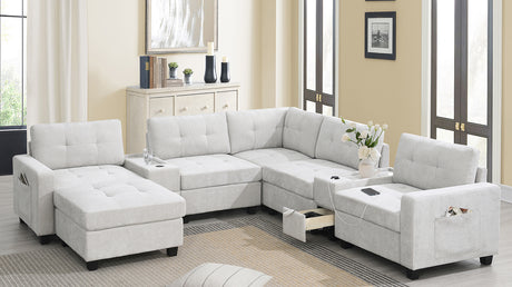 Chenille U Shaped Sectional Sofa with Acrylic Table Top, USB Charger, Storage Drawers, Pockets and Movable Ottoman - sold by Home Elegance USA