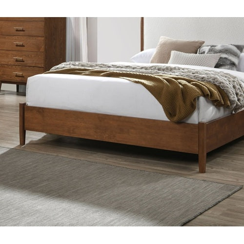 Walnut Color Panel Headboard Beige Upholstered 1pc Queen Size Bed Solid wood Mattress Ready Mid-Century Modern Style