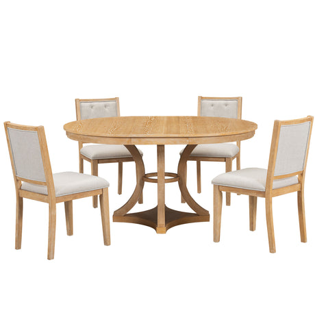 TREXM 5-Piece Retro Functional Dining Table Set Extendable Round Table and 4 Upholstered Chairs for Dining Room and Living Room (Natural) - sold by Home Elegance USA