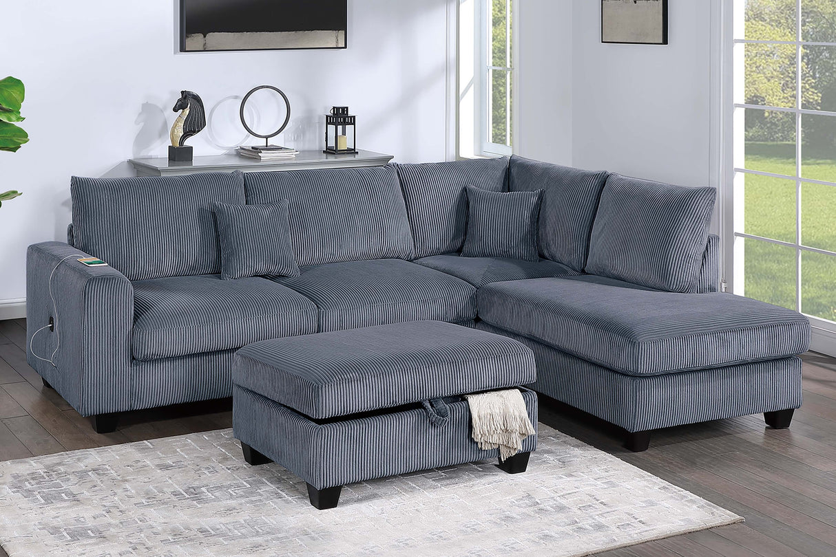 Modern Style 3pc Sectional Set USB Port Storage Ottoman Right Arm Chaise Left Arm Sofa Dark Gray Finish Primary Living Room