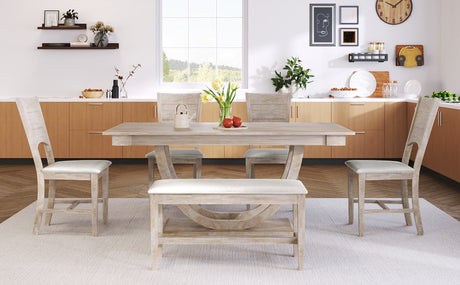 TOPMAX Modern Style Natural Wood 6-Piece Dining Table Set with Bench and Chairs, Upholstered Seats, Rubberwood Frame - sold by Home Elegance USA