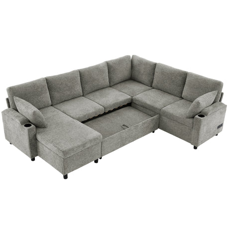 Versatile Light Grey Chenille Sectional Sofa Bed with Storage, Cup Holders & Charging Ports, 109.9' - sold by Home Elegance USA