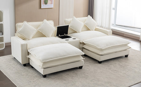Chenille Upholstered Sectional Sofa with Removable Ottoman, USB Ports, Cup Holders, and Storage, Beige, 111' - sold by Home Elegance USA