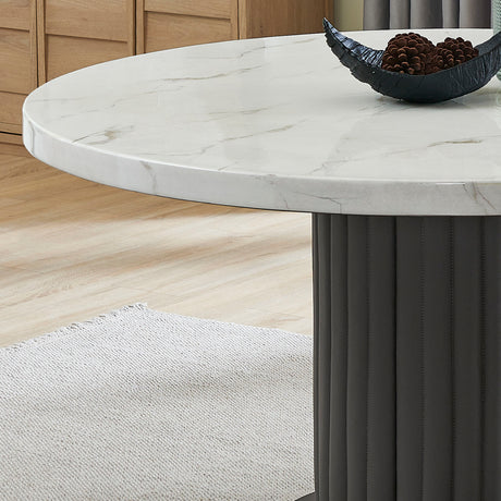 Valencia 7-Piece 54' Round White Faux Marble Dining Set with Gray PVC Upholstered Pedestal Base & Light Gray Fabric Chairs - sold by Home Elegance USA